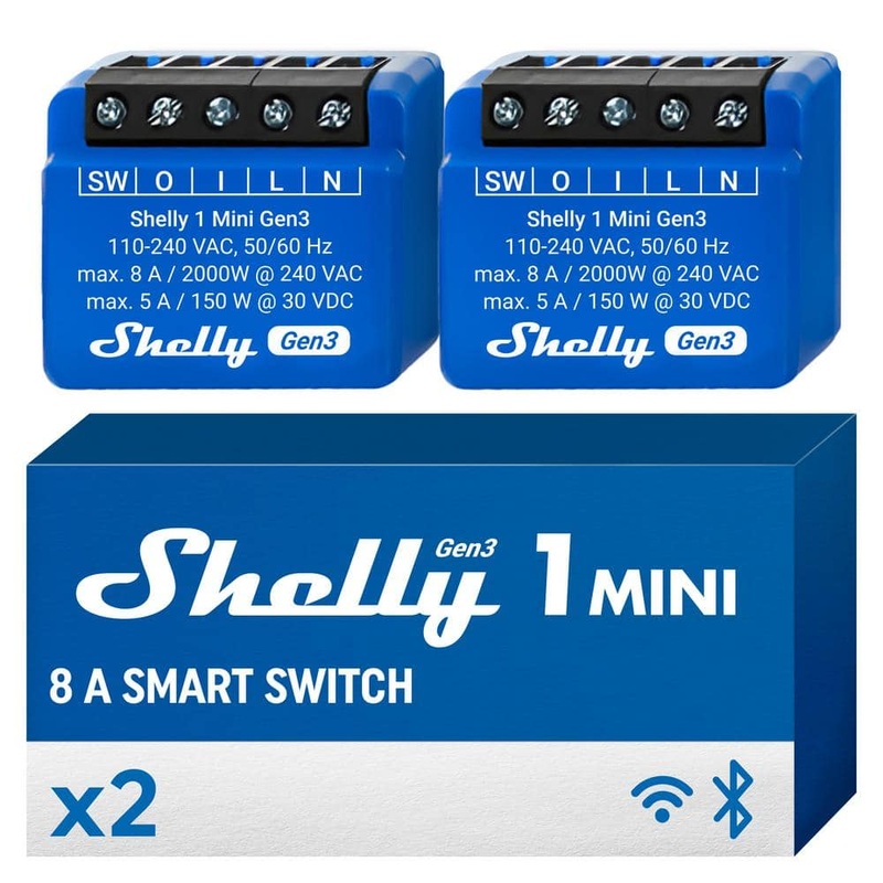 Shelly 1 Mini Gen3, WiFi and Bluetooth Smart Switch Relay, 1 Channel 8A, Home Automation, Dry contacts (2-Pack)