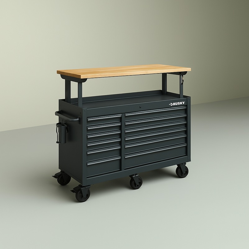 Husky 62 in. Heavy Duty Matte Black Mobile Workbench Cabinet with Adjustable Height Wood Top