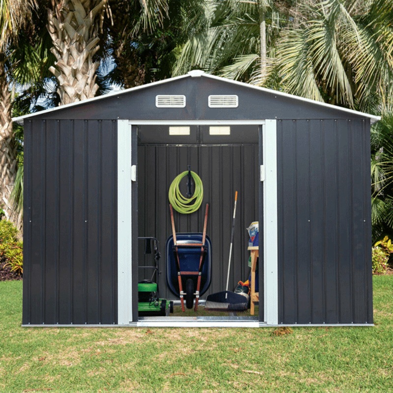 Small Outdoor Garden Backyard Storage Tool Shed W/ Sliding Door, 4’x7′ Dark Gray